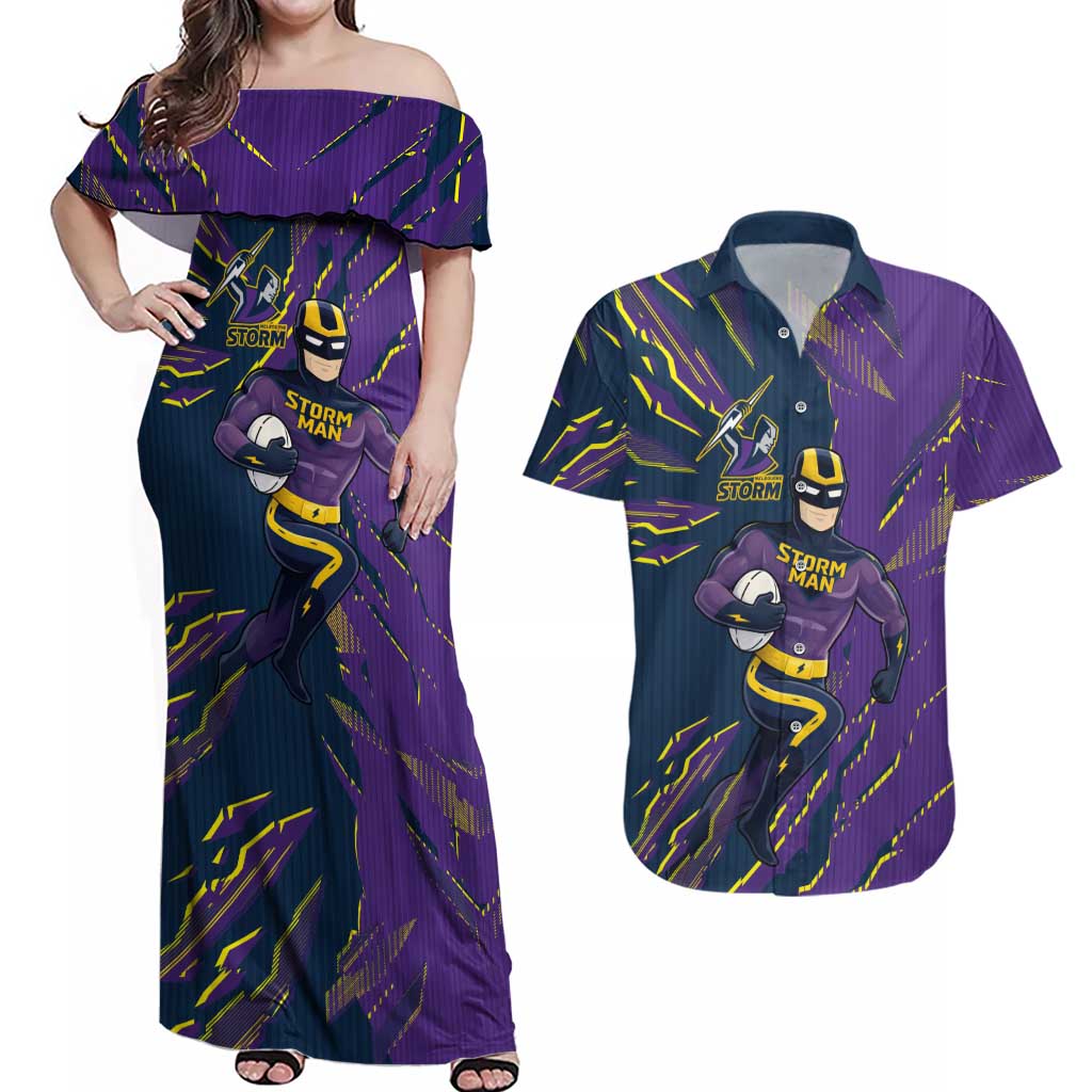 Personalized Melbourne Storm Couples Matching Off Shoulder Maxi Dress and Hawaiian Shirt Dynamic Lightning Mascot Rugby Australia