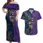 Personalized Melbourne Storm Couples Matching Off Shoulder Maxi Dress and Hawaiian Shirt Dynamic Lightning Mascot Rugby Australia