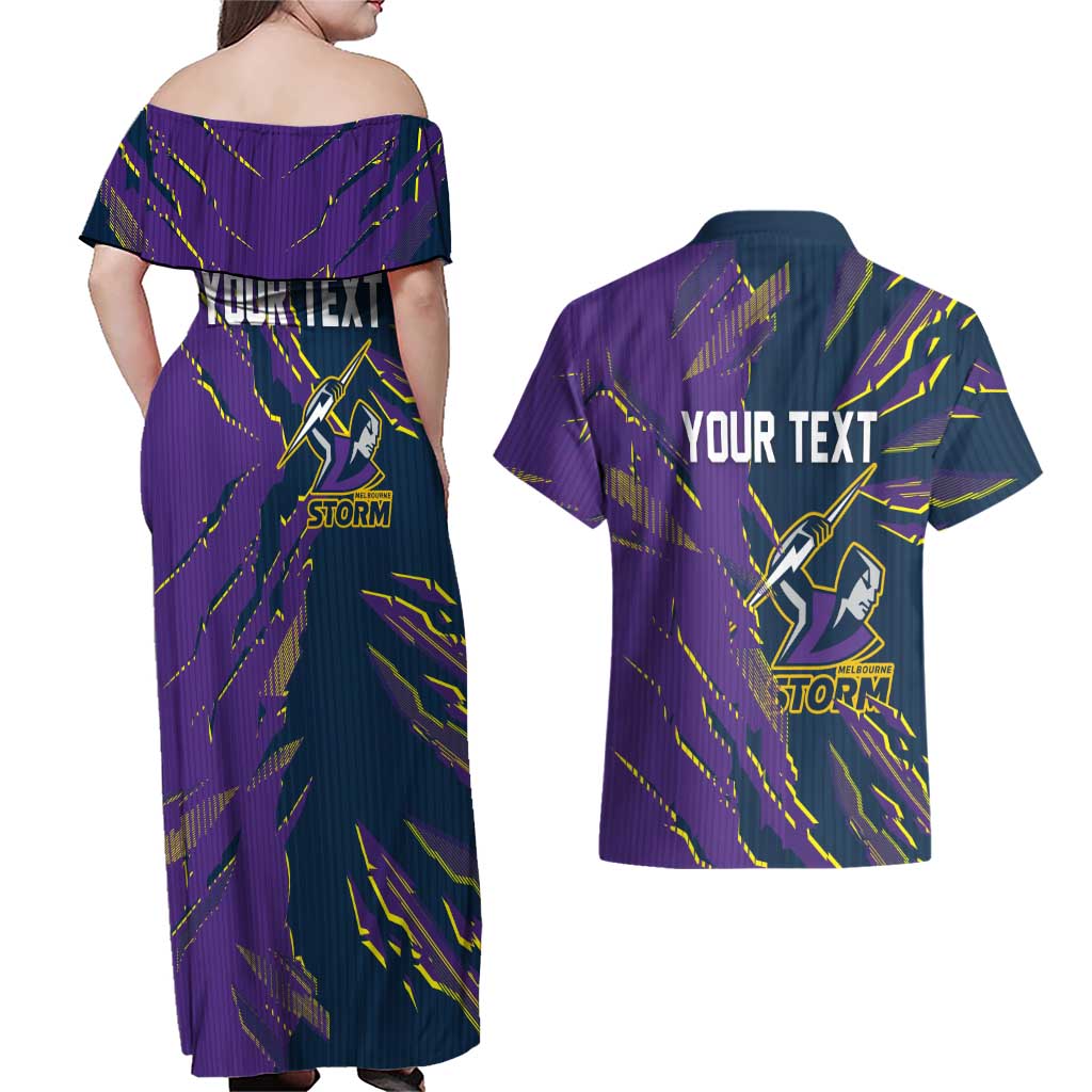 Personalized Melbourne Storm Couples Matching Off Shoulder Maxi Dress and Hawaiian Shirt Dynamic Lightning Mascot Rugby Australia