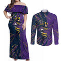 Personalized Melbourne Storm Couples Matching Off Shoulder Maxi Dress and Long Sleeve Button Shirt Dynamic Lightning Mascot Rugby Australia