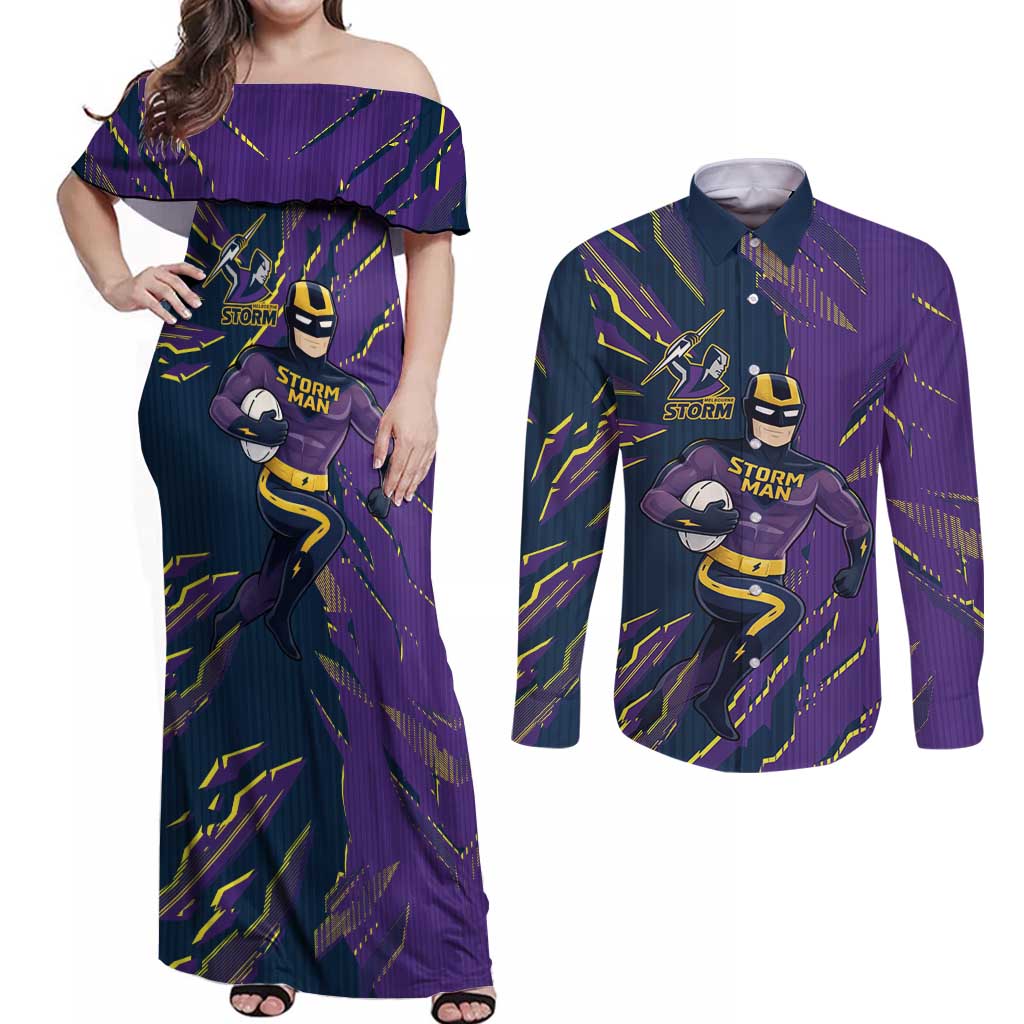 Personalized Melbourne Storm Couples Matching Off Shoulder Maxi Dress and Long Sleeve Button Shirt Dynamic Lightning Mascot Rugby Australia