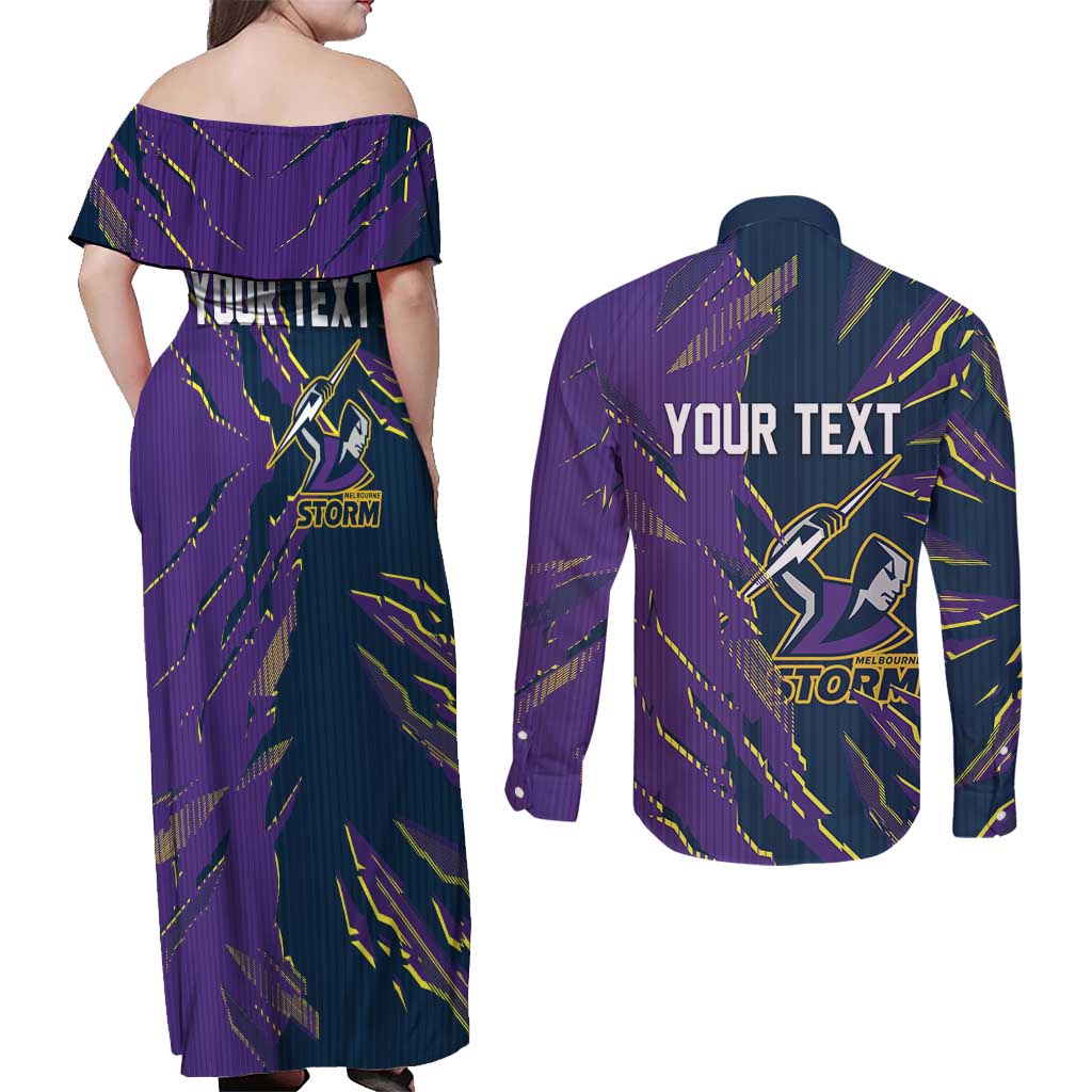 Personalized Melbourne Storm Couples Matching Off Shoulder Maxi Dress and Long Sleeve Button Shirt Dynamic Lightning Mascot Rugby Australia