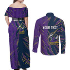 Personalized Melbourne Storm Couples Matching Off Shoulder Maxi Dress and Long Sleeve Button Shirt Dynamic Lightning Mascot Rugby Australia