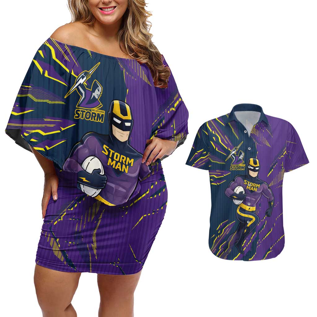 Personalized Melbourne Storm Couples Matching Off Shoulder Short Dress and Hawaiian Shirt Dynamic Lightning Mascot Rugby Australia