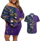 Personalized Melbourne Storm Couples Matching Off Shoulder Short Dress and Hawaiian Shirt Dynamic Lightning Mascot Rugby Australia