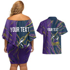 Personalized Melbourne Storm Couples Matching Off Shoulder Short Dress and Hawaiian Shirt Dynamic Lightning Mascot Rugby Australia