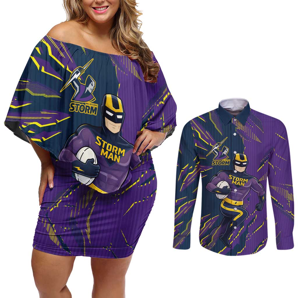 Personalized Melbourne Storm Couples Matching Off Shoulder Short Dress and Long Sleeve Button Shirt Dynamic Lightning Mascot Rugby Australia
