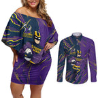 Personalized Melbourne Storm Couples Matching Off Shoulder Short Dress and Long Sleeve Button Shirt Dynamic Lightning Mascot Rugby Australia