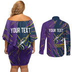 Personalized Melbourne Storm Couples Matching Off Shoulder Short Dress and Long Sleeve Button Shirt Dynamic Lightning Mascot Rugby Australia