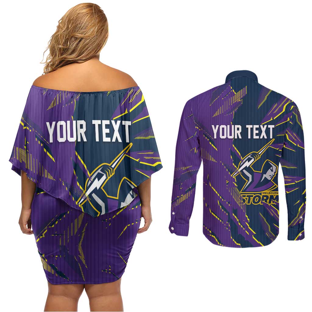 Personalized Melbourne Storm Couples Matching Off Shoulder Short Dress and Long Sleeve Button Shirt Dynamic Lightning Mascot Rugby Australia