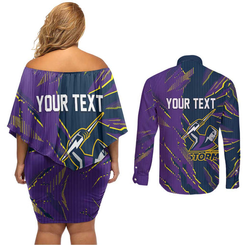 Personalized Melbourne Storm Couples Matching Off Shoulder Short Dress and Long Sleeve Button Shirt Dynamic Lightning Mascot Rugby Australia