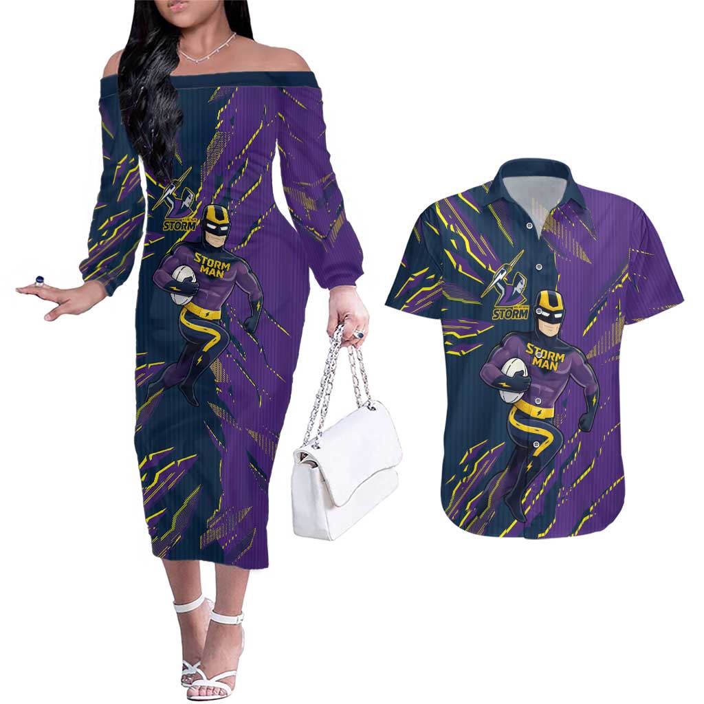 Personalized Melbourne Storm Couples Matching Off The Shoulder Long Sleeve Dress and Hawaiian Shirt Dynamic Lightning Mascot Rugby Australia