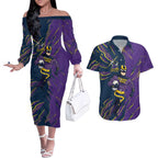 Personalized Melbourne Storm Couples Matching Off The Shoulder Long Sleeve Dress and Hawaiian Shirt Dynamic Lightning Mascot Rugby Australia
