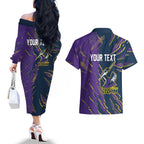 Personalized Melbourne Storm Couples Matching Off The Shoulder Long Sleeve Dress and Hawaiian Shirt Dynamic Lightning Mascot Rugby Australia