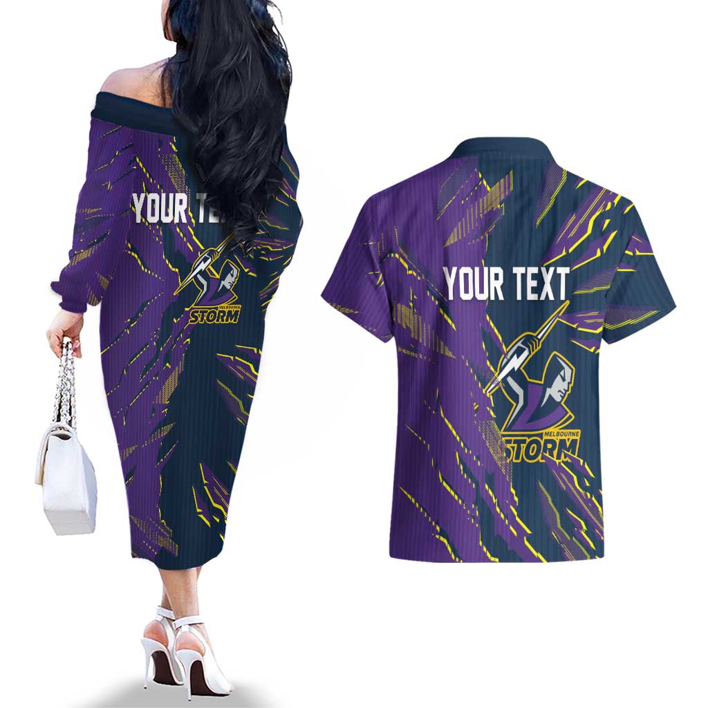 Personalized Melbourne Storm Couples Matching Off The Shoulder Long Sleeve Dress and Hawaiian Shirt Dynamic Lightning Mascot Rugby Australia