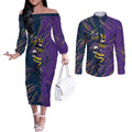 Personalized Melbourne Storm Couples Matching Off The Shoulder Long Sleeve Dress and Long Sleeve Button Shirt Dynamic Lightning Mascot Rugby Australia