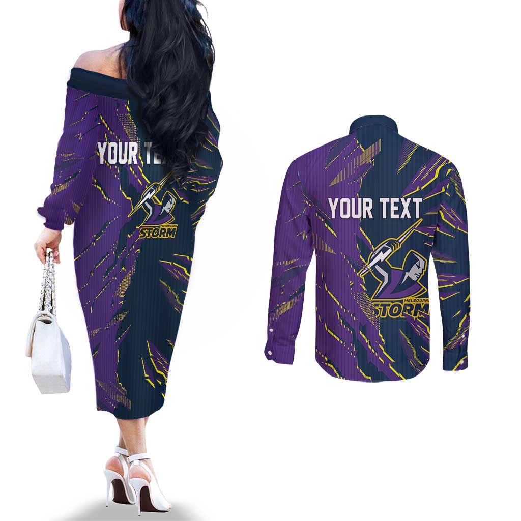 Personalized Melbourne Storm Couples Matching Off The Shoulder Long Sleeve Dress and Long Sleeve Button Shirt Dynamic Lightning Mascot Rugby Australia