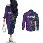 Personalized Melbourne Storm Couples Matching Off The Shoulder Long Sleeve Dress and Long Sleeve Button Shirt Dynamic Lightning Mascot Rugby Australia