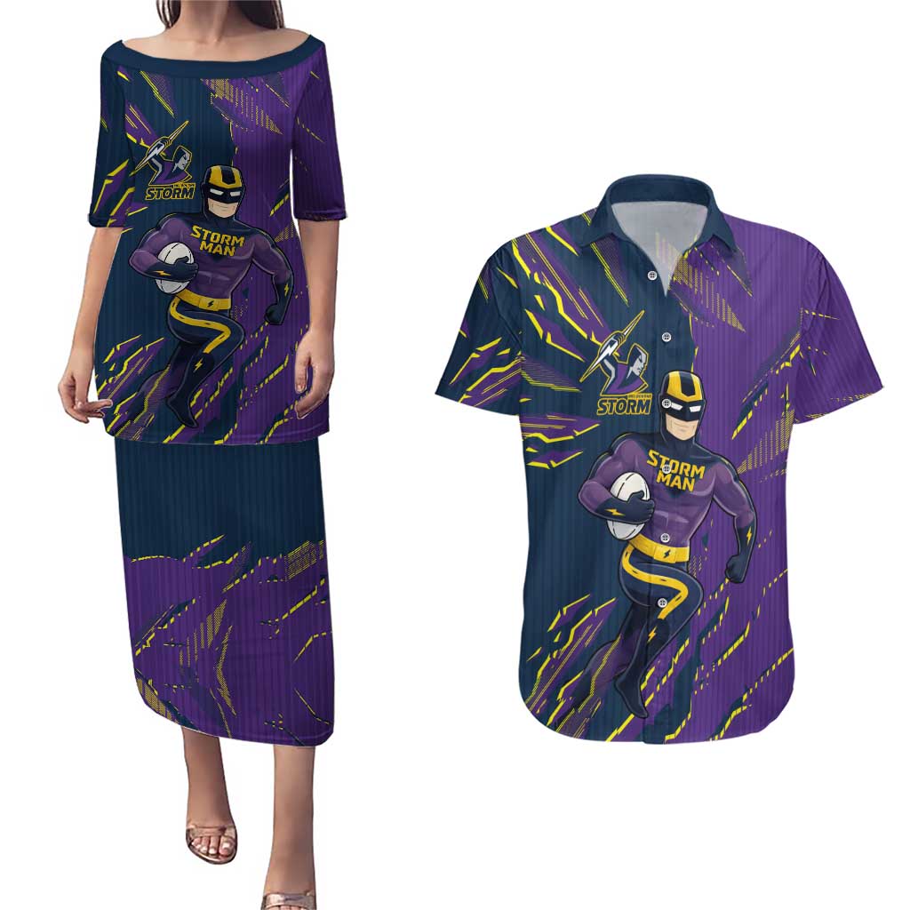 Personalized Melbourne Storm Couples Matching Puletasi and Hawaiian Shirt Dynamic Lightning Mascot Rugby Australia