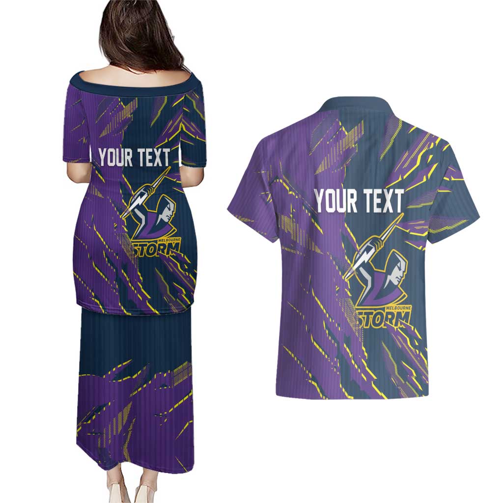 Personalized Melbourne Storm Couples Matching Puletasi and Hawaiian Shirt Dynamic Lightning Mascot Rugby Australia