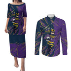 Personalized Melbourne Storm Couples Matching Puletasi and Long Sleeve Button Shirt Dynamic Lightning Mascot Rugby Australia