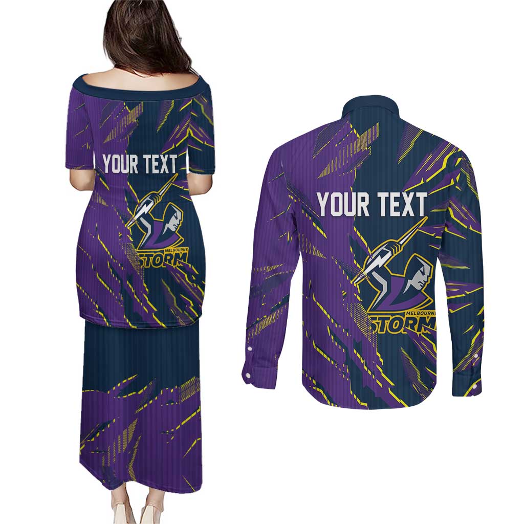 Personalized Melbourne Storm Couples Matching Puletasi and Long Sleeve Button Shirt Dynamic Lightning Mascot Rugby Australia