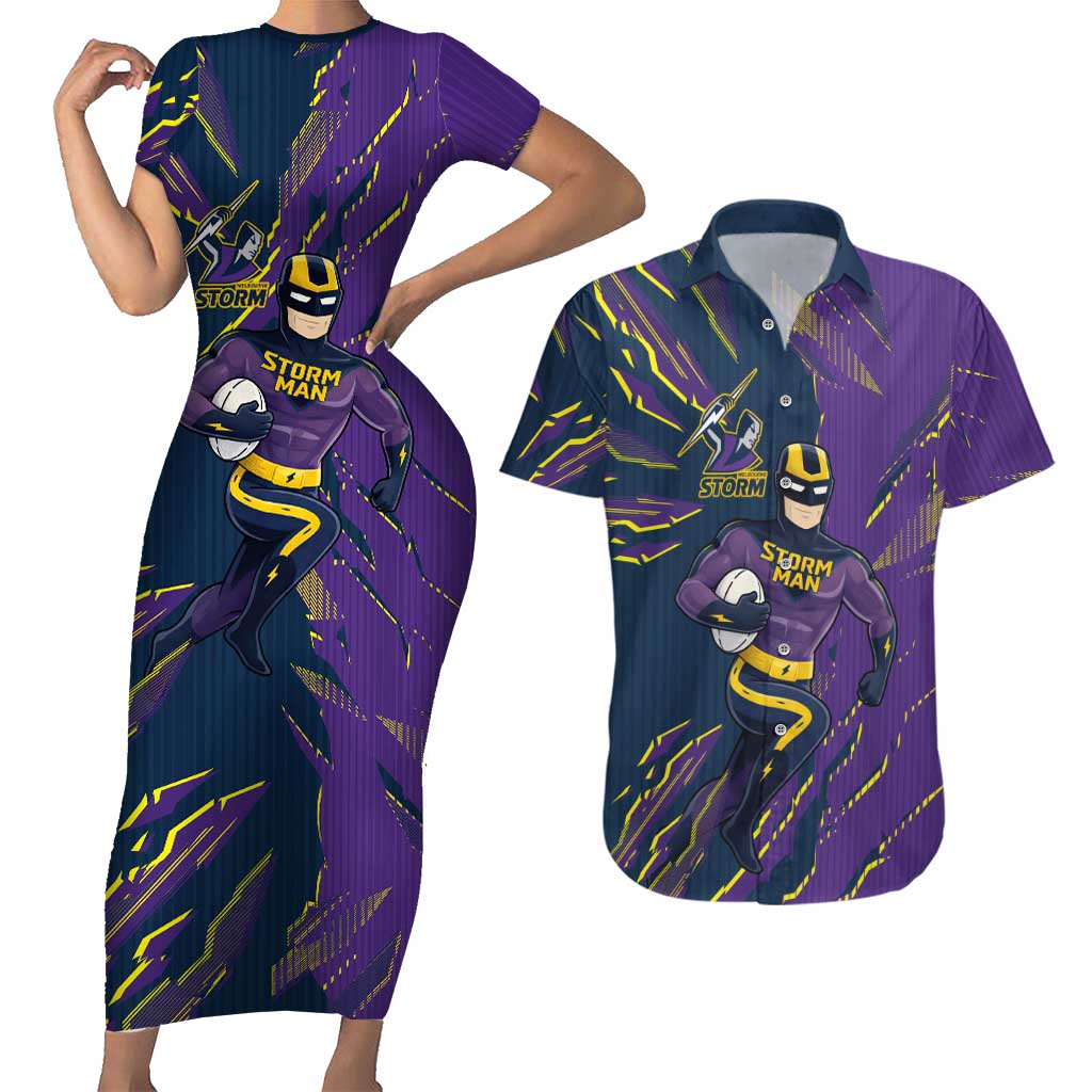 Personalized Melbourne Storm Couples Matching Short Sleeve Bodycon Dress and Hawaiian Shirt Dynamic Lightning Mascot Rugby Australia