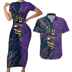 Personalized Melbourne Storm Couples Matching Short Sleeve Bodycon Dress and Hawaiian Shirt Dynamic Lightning Mascot Rugby Australia