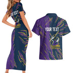 Personalized Melbourne Storm Couples Matching Short Sleeve Bodycon Dress and Hawaiian Shirt Dynamic Lightning Mascot Rugby Australia