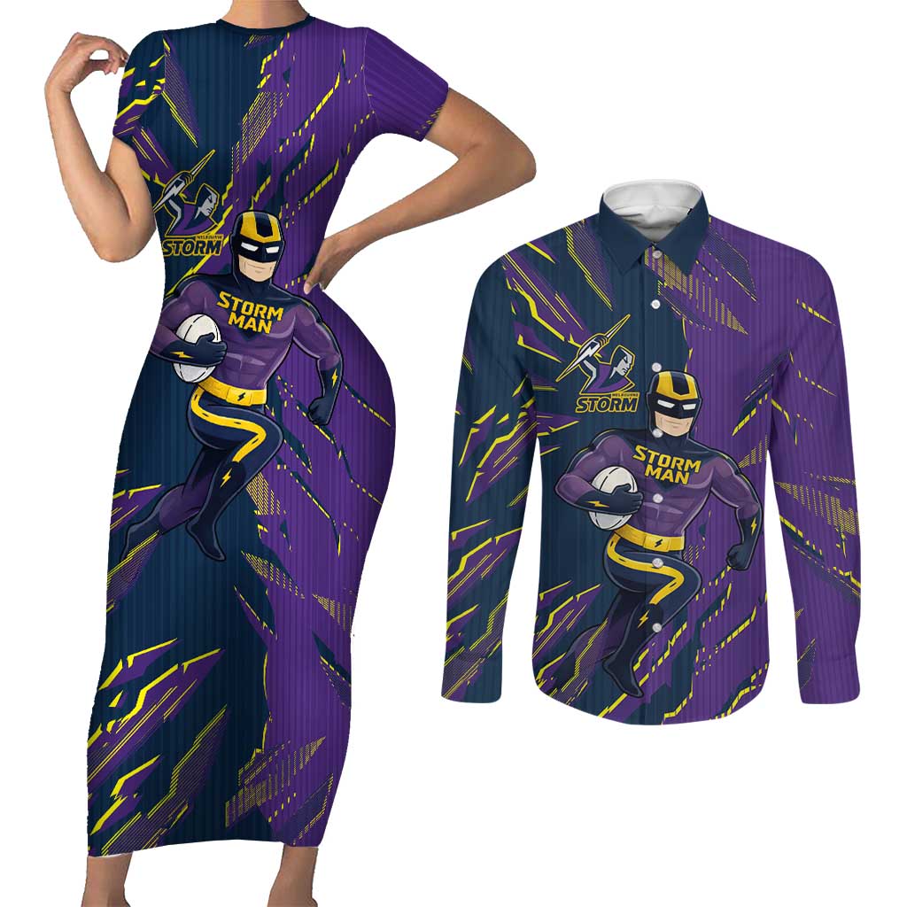 Personalized Melbourne Storm Couples Matching Short Sleeve Bodycon Dress and Long Sleeve Button Shirt Dynamic Lightning Mascot Rugby Australia