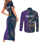 Personalized Melbourne Storm Couples Matching Short Sleeve Bodycon Dress and Long Sleeve Button Shirt Dynamic Lightning Mascot Rugby Australia