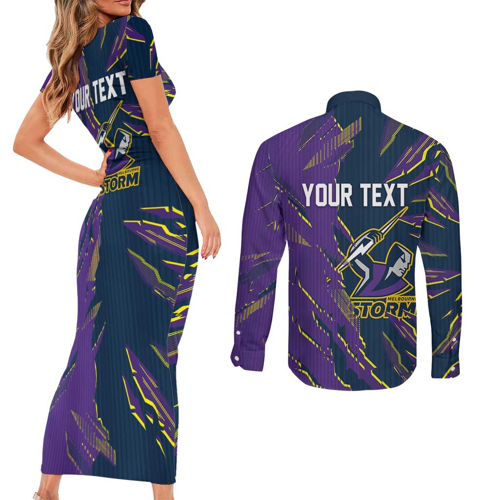 Personalized Melbourne Storm Couples Matching Short Sleeve Bodycon Dress and Long Sleeve Button Shirt Dynamic Lightning Mascot Rugby Australia