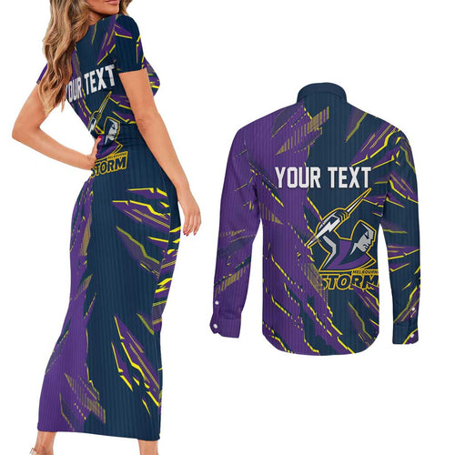 Personalized Melbourne Storm Couples Matching Short Sleeve Bodycon Dress and Long Sleeve Button Shirt Dynamic Lightning Mascot Rugby Australia