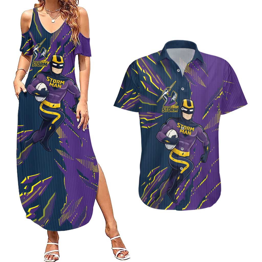 Personalized Melbourne Storm Couples Matching Summer Maxi Dress and Hawaiian Shirt Dynamic Lightning Mascot Rugby Australia
