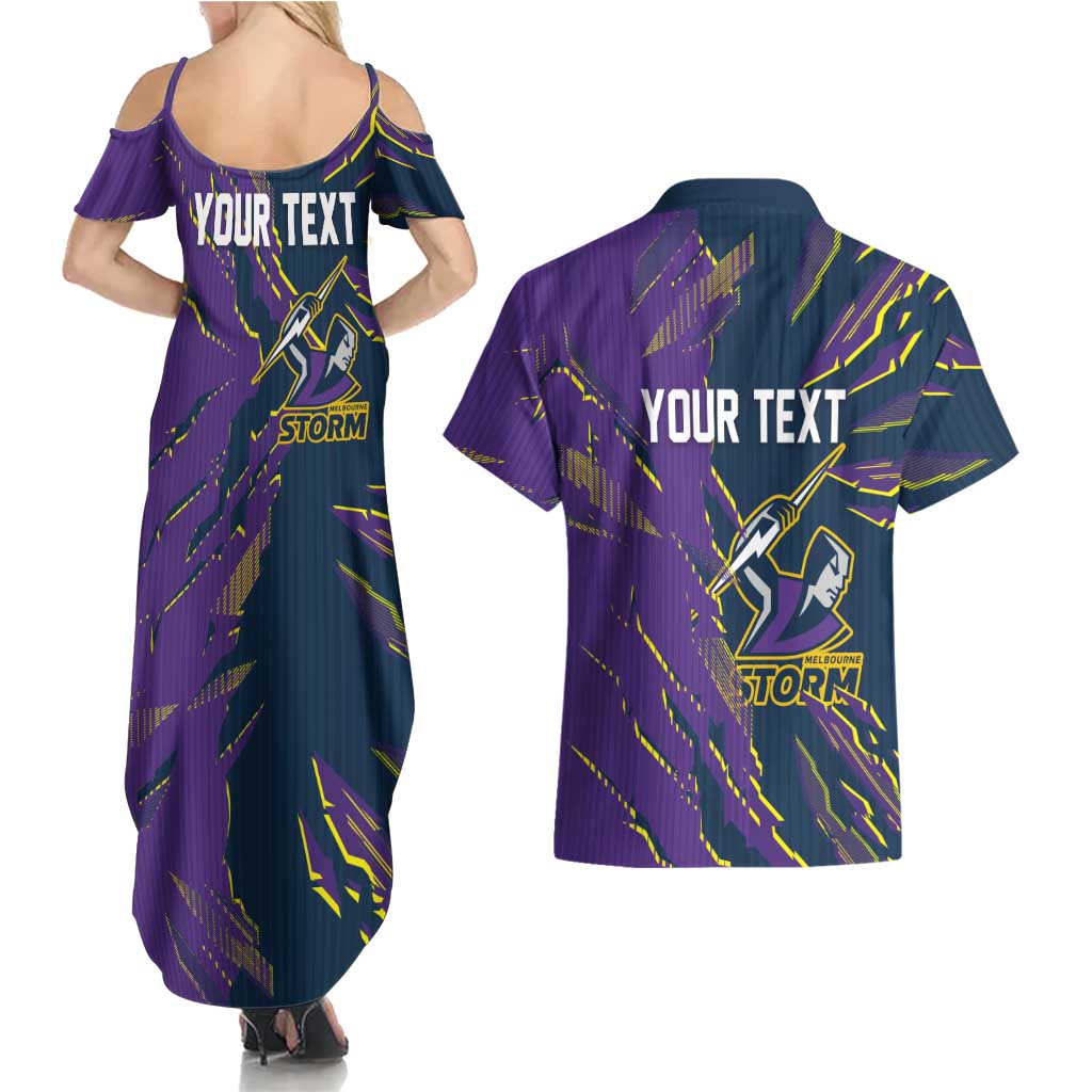 Personalized Melbourne Storm Couples Matching Summer Maxi Dress and Hawaiian Shirt Dynamic Lightning Mascot Rugby Australia