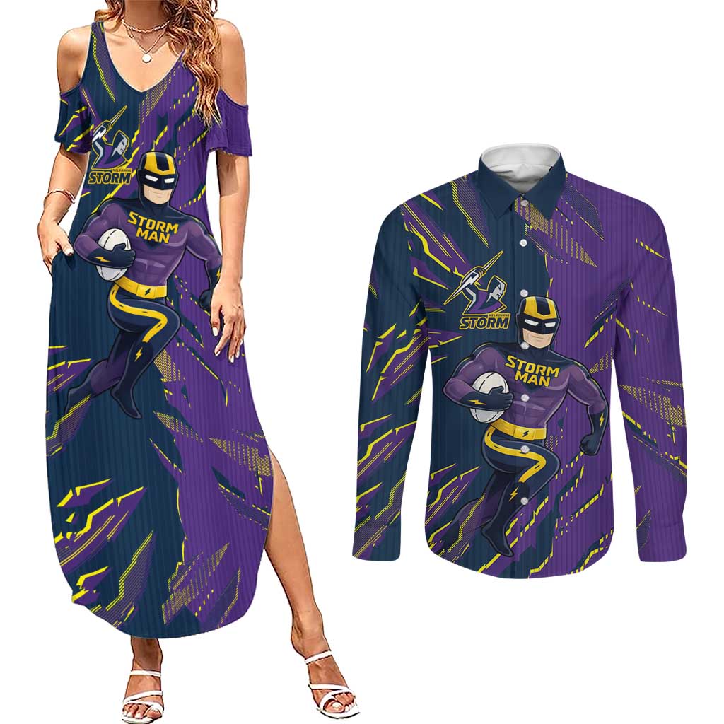 Personalized Melbourne Storm Couples Matching Summer Maxi Dress and Long Sleeve Button Shirt Dynamic Lightning Mascot Rugby Australia