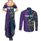 Personalized Melbourne Storm Couples Matching Summer Maxi Dress and Long Sleeve Button Shirt Dynamic Lightning Mascot Rugby Australia