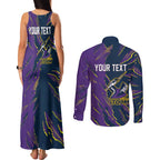 Personalized Melbourne Storm Couples Matching Tank Maxi Dress and Long Sleeve Button Shirt Dynamic Lightning Mascot Rugby Australia