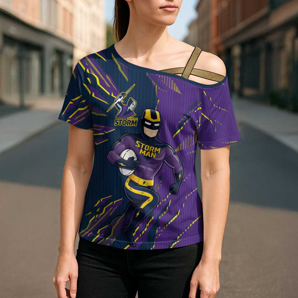 Personalized Melbourne Storm Cross Shoulder Shirt Dynamic Lightning Mascot Rugby Australia
