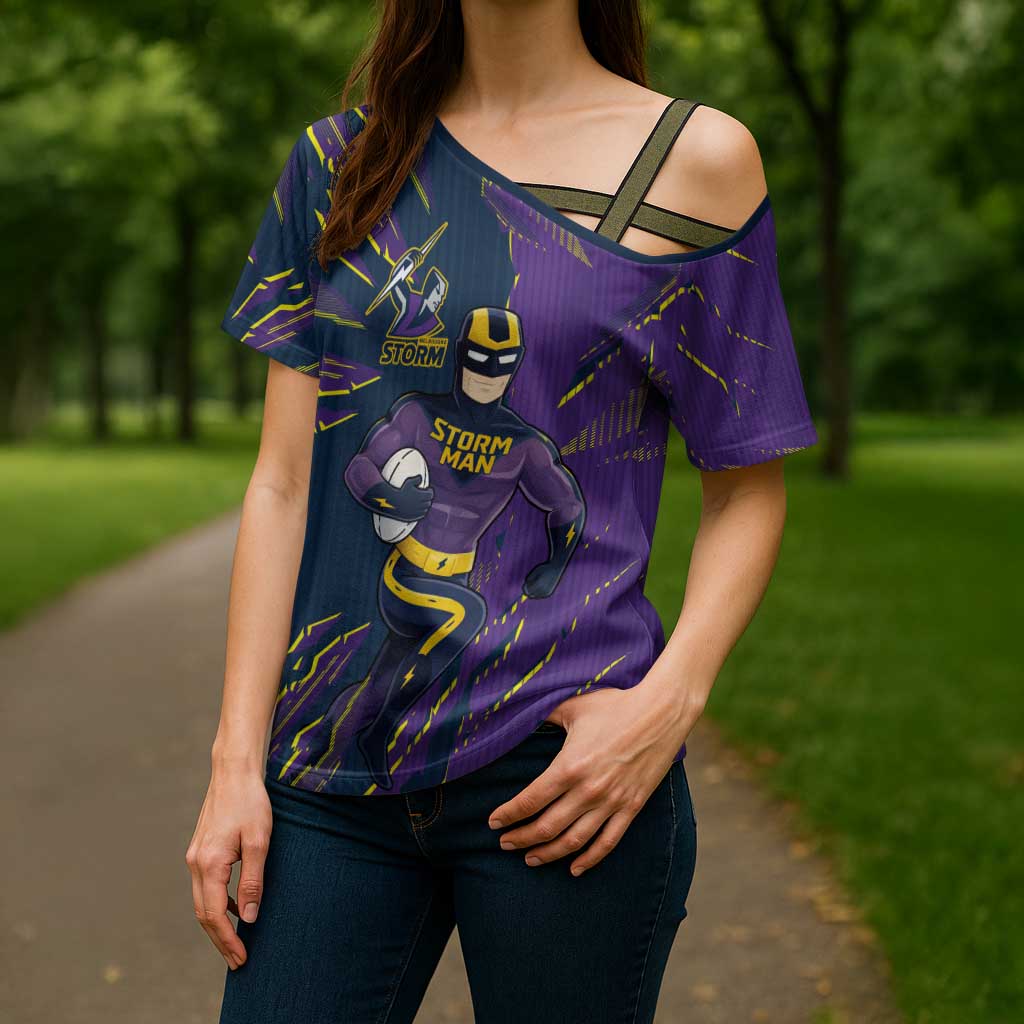 Personalized Melbourne Storm Cross Shoulder Shirt Dynamic Lightning Mascot Rugby Australia