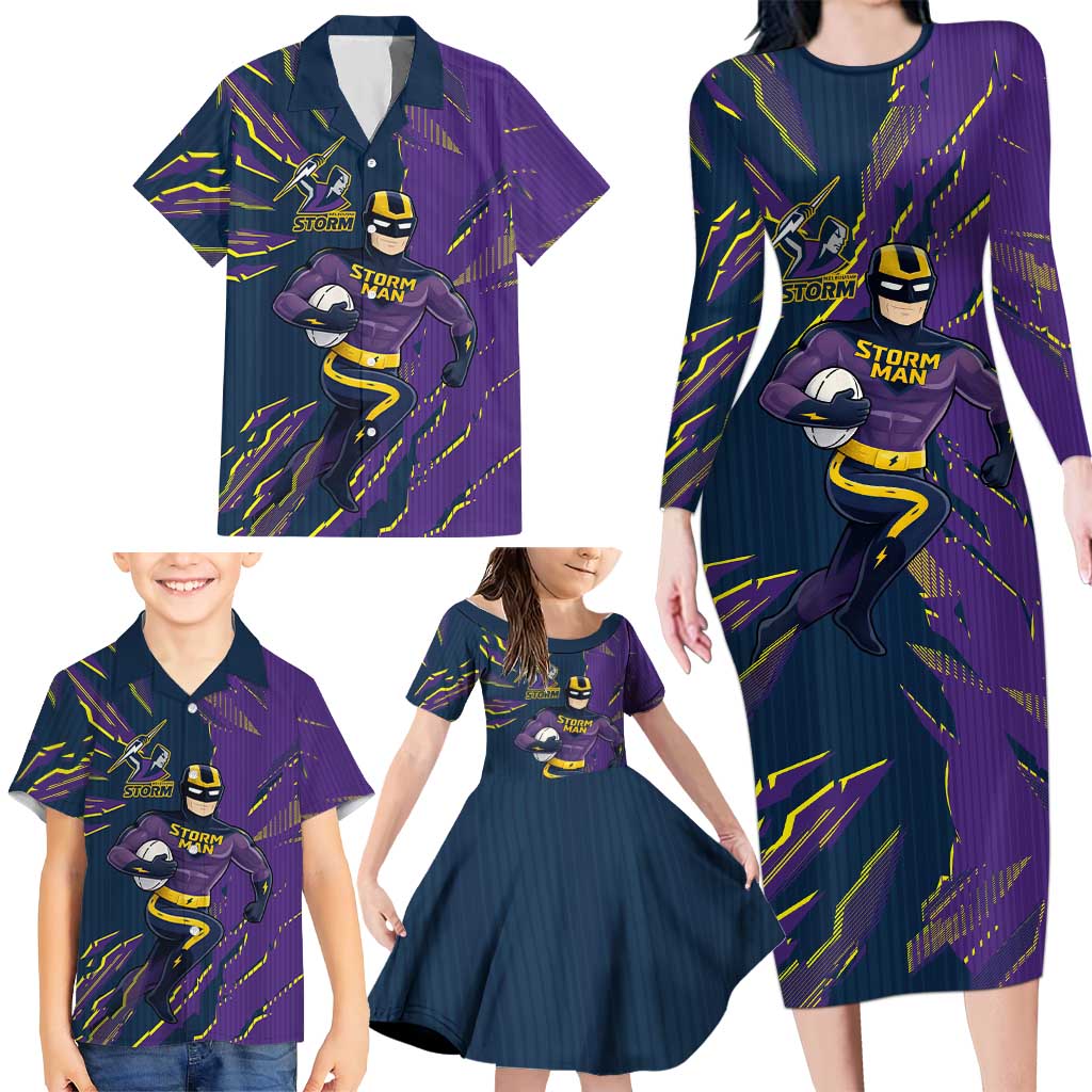 Personalized Melbourne Storm Family Matching Long Sleeve Bodycon Dress and Hawaiian Shirt Dynamic Lightning Mascot Rugby Australia