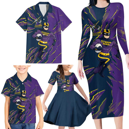 Personalized Melbourne Storm Family Matching Long Sleeve Bodycon Dress and Hawaiian Shirt Dynamic Lightning Mascot Rugby Australia