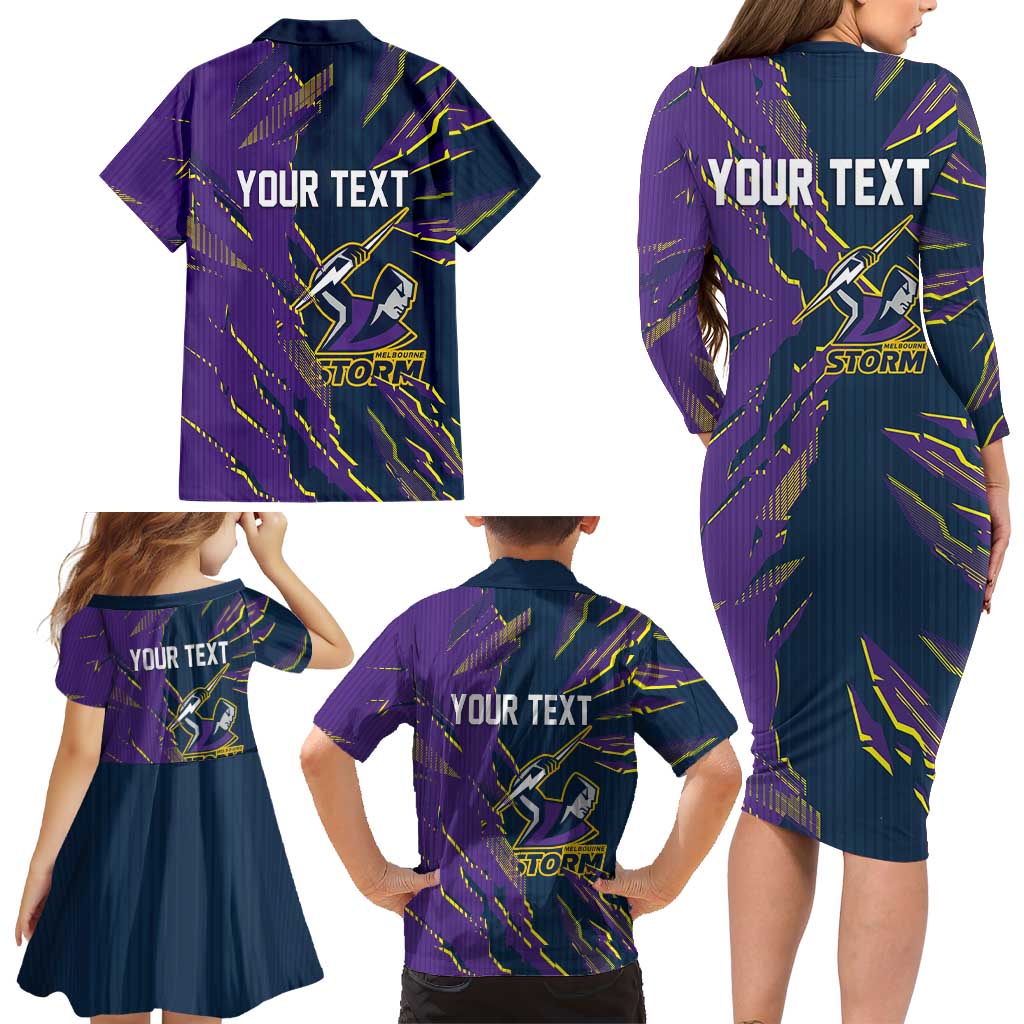 Personalized Melbourne Storm Family Matching Long Sleeve Bodycon Dress and Hawaiian Shirt Dynamic Lightning Mascot Rugby Australia
