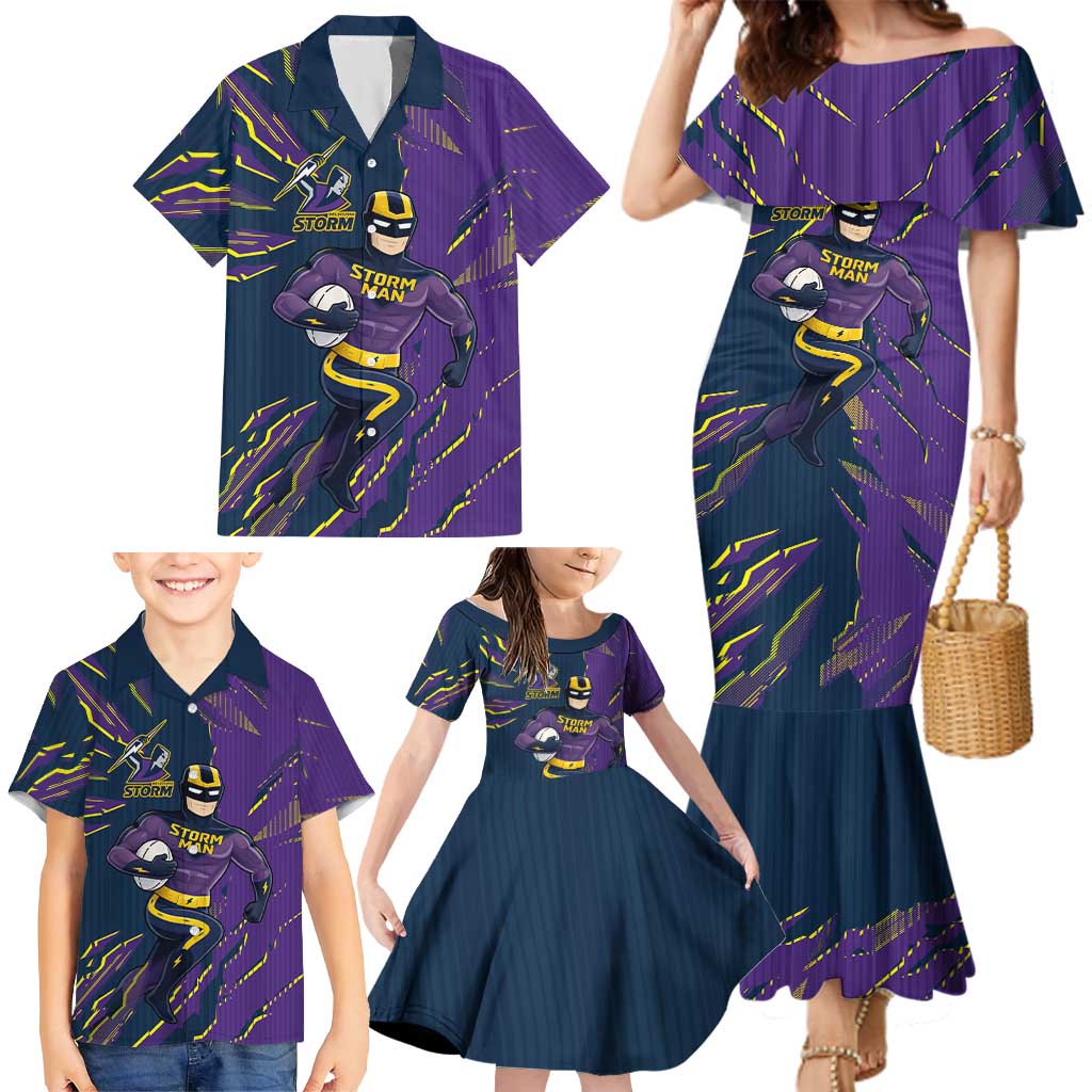 Personalized Melbourne Storm Family Matching Mermaid Dress and Hawaiian Shirt Dynamic Lightning Mascot Rugby Australia