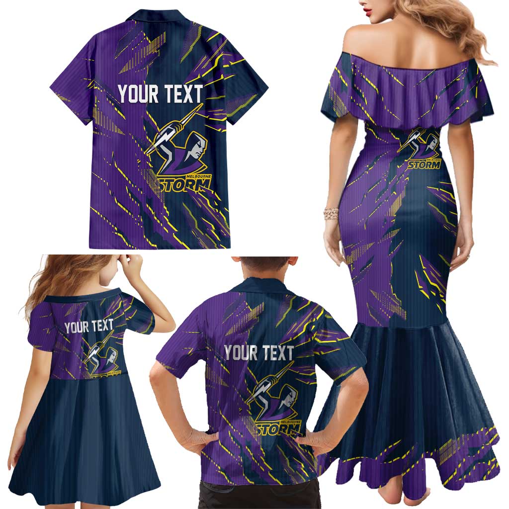 Personalized Melbourne Storm Family Matching Mermaid Dress and Hawaiian Shirt Dynamic Lightning Mascot Rugby Australia