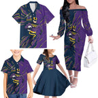 Personalized Melbourne Storm Family Matching Off The Shoulder Long Sleeve Dress and Hawaiian Shirt Dynamic Lightning Mascot Rugby Australia