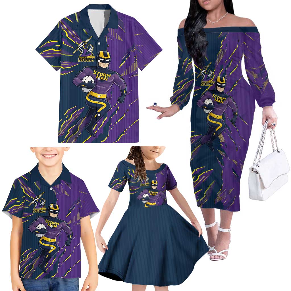 Personalized Melbourne Storm Family Matching Off The Shoulder Long Sleeve Dress and Hawaiian Shirt Dynamic Lightning Mascot Rugby Australia