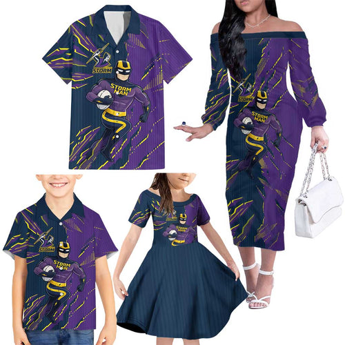 Personalized Melbourne Storm Family Matching Off The Shoulder Long Sleeve Dress and Hawaiian Shirt Dynamic Lightning Mascot Rugby Australia