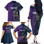 Personalized Melbourne Storm Family Matching Off The Shoulder Long Sleeve Dress and Hawaiian Shirt Dynamic Lightning Mascot Rugby Australia