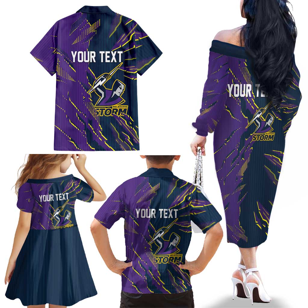Personalized Melbourne Storm Family Matching Off The Shoulder Long Sleeve Dress and Hawaiian Shirt Dynamic Lightning Mascot Rugby Australia